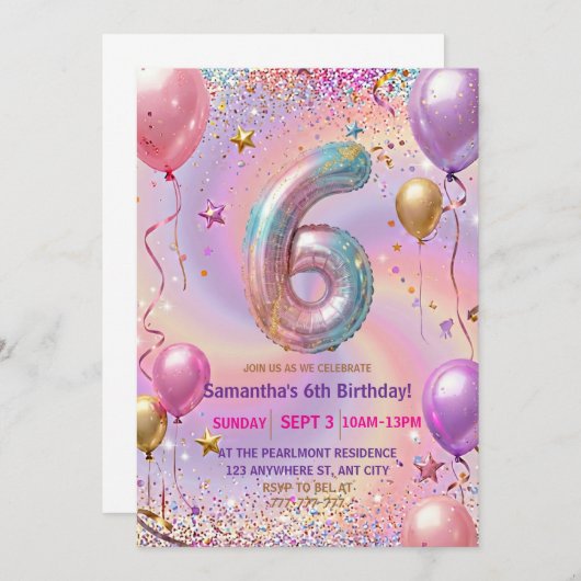 Rainbow Sparkle Glitter 6th Birthday Party Kaart (Voorkant / Achterkant)