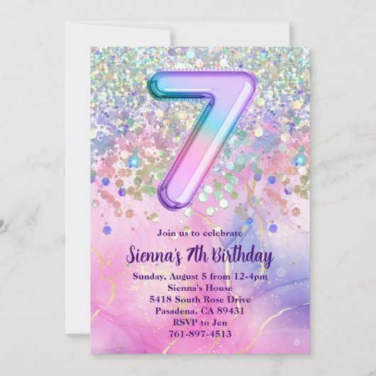Rainbow Sparkle Glitter 7e Verjaardagsfeestje Kaart (Voorkant)