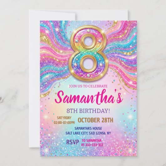 Rainbow Sparkle Glitter 8th Birthday Party Kaart (Voorkant)