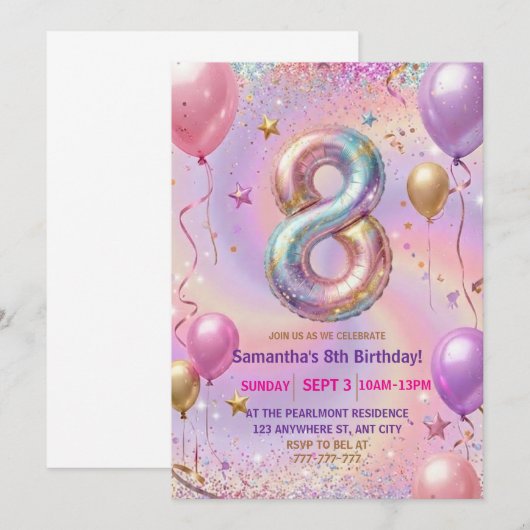 Rainbow Sparkle Glitter 8th Birthday Party Kaart (Voorkant / Achterkant)