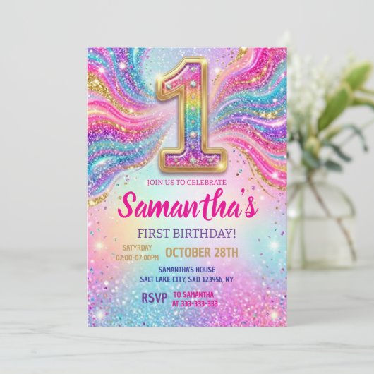 Rainbow Sparkle Glitter First Birthday Party Kaart (Staand voorkant)