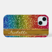 Rainbow Sparkle Glitter, gepersonaliseerd met naam iPhone 15 Case (Achterkant horizontaal)