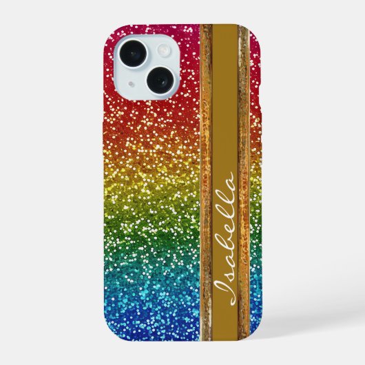Rainbow Sparkle Glitter, gepersonaliseerd met naam iPhone 15 Case (Achterkant)