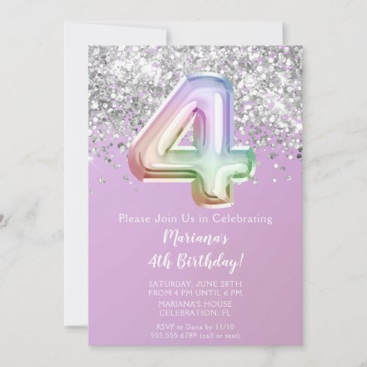 Rainbow Sparkle Glitter Girl 4e verjaardag Kaart (Voorkant)