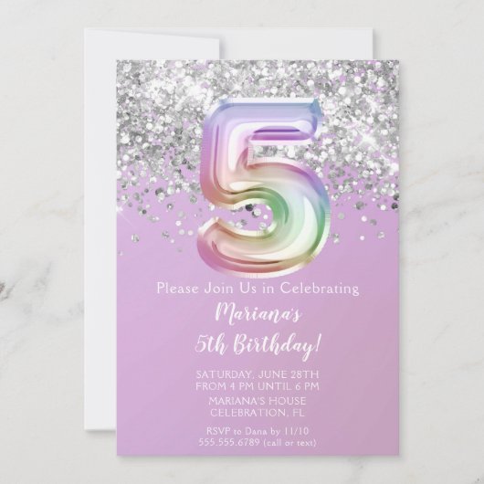 Rainbow Sparkle Glitter Girl 5e Birthday Party in Kaart (Voorkant)