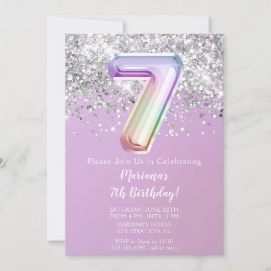 Rainbow Sparkle Glitter Girl 7e verjaardag in Kaart (Voorkant)