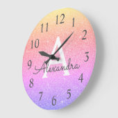 Rainbow Sparkle Glitter Monogram Naam en Initiaal Grote Klok (Hoek)