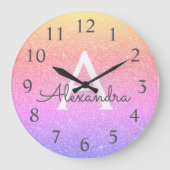 Rainbow Sparkle Glitter Monogram Naam en Initiaal Grote Klok (Voorkant)