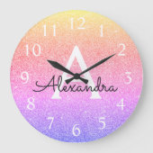 Rainbow Sparkle Glitter Monogram Naam Grote Klok (Voorkant)