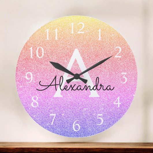Rainbow Sparkle Glitter Monogram Naam Grote Klok