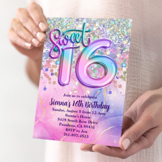Rainbow Sparkle Glitter Sweet 16 Verjaardagsfeest Kaart