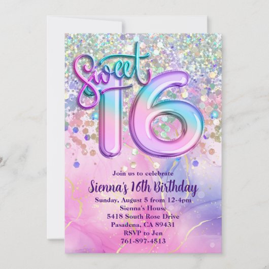 Rainbow Sparkle Glitter Sweet 16 Verjaardagsfeest Kaart (Voorkant)