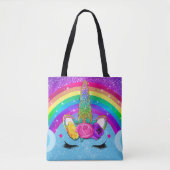 Rainbow Sparkle Glittery Eenhoorn Gezicht Meisjes Tote Bag (Voorkant)