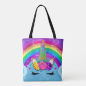 Rainbow Sparkle Glittery Eenhoorn Gezicht Meisjes Tote Bag (Achterkant)