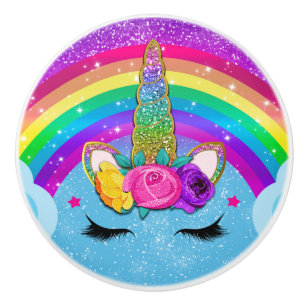 Rainbow Sparkle Glittery Unicorn Horn Face Keramische Knop