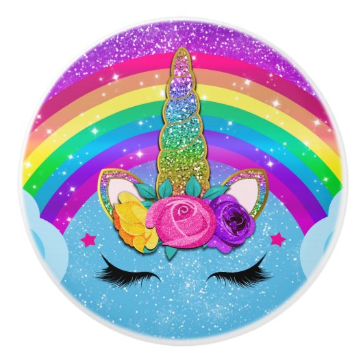Rainbow Sparkle Glittery Unicorn Horn Face Keramische Knop (Voorkant)