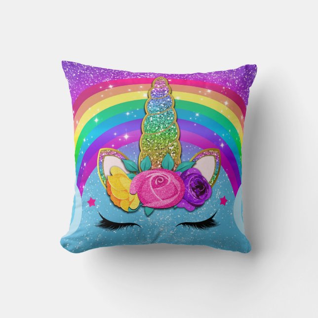 Rainbow Sparkle Glittery Unicorn Horn Face Kussen (Voorkant)