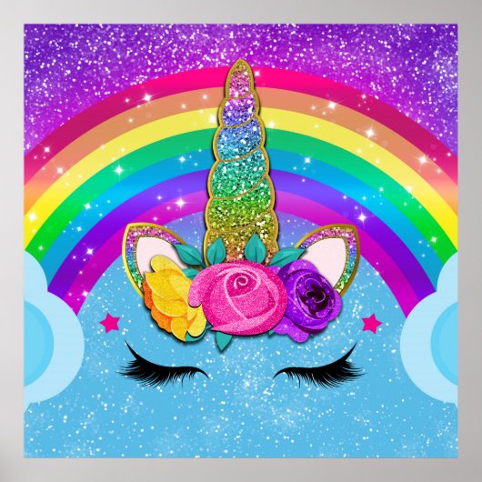 Rainbow Sparkle Glittery Unicorn Horn Face Poster (Voorkant)