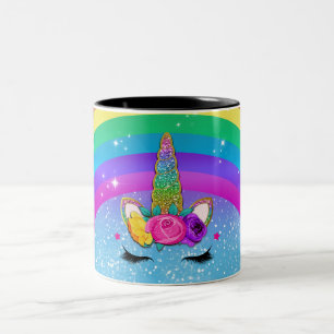 Rainbow Sparkle Glittery Unicorn Horn Face Tweekleurige Koffiemok