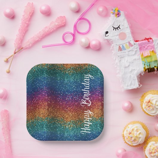 Rainbow Sparkle Metallic Elegant Happy Birthday Papieren Bordje (Feest)
