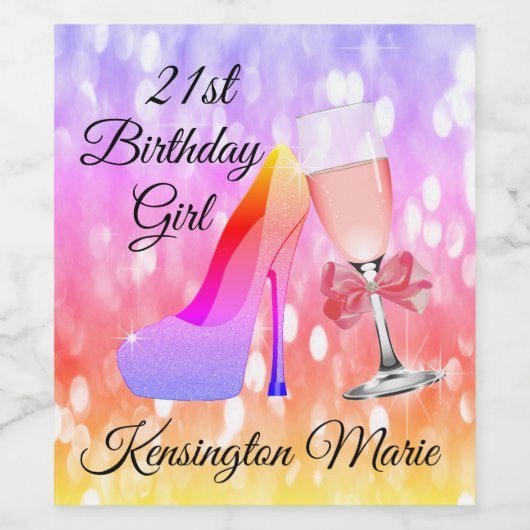 Rainbow Sparkle Verjaardag Roze Mousserende Wijn L Wijn Etiket (Enkel label)