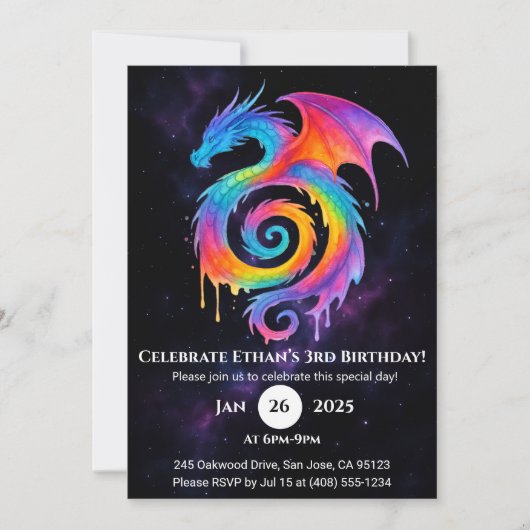 Rainbow Spiral Dragon Birthday Invitation Kaart (Voorkant)