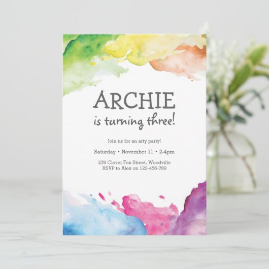 Rainbow splash Art Birthday Party Invitation Kaart (Staand voorkant)