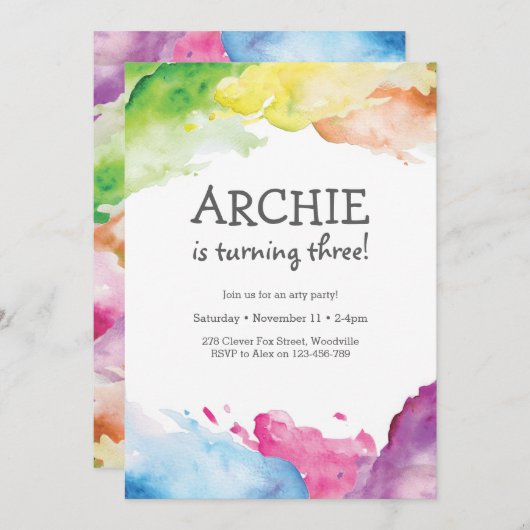 Rainbow splash Art Birthday Party Invitation Kaart (Voorkant / Achterkant)