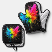 Rainbow Splash Powder Art Ovenwant & Pannenlap Set (Voorkant / Achterkant)