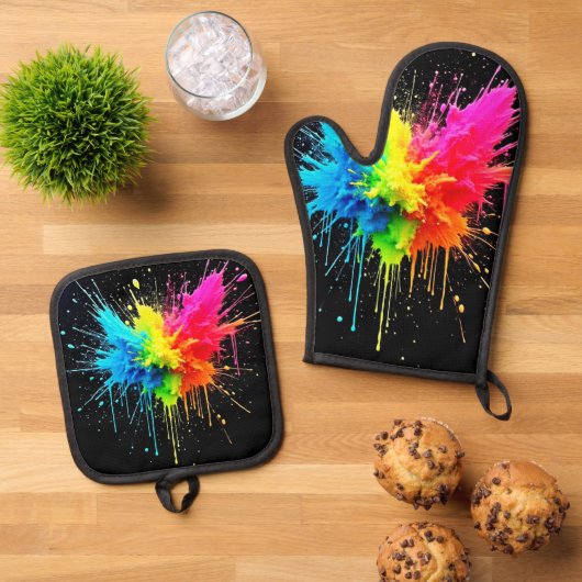 Rainbow Splash Powder Art Ovenwant & Pannenlap Set (Top down)