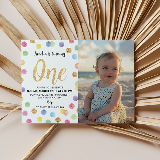 Rainbow Spot Pastel 1e verjaardag foto uitnodiging