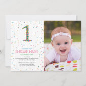 Rainbow Sprinkles 1st Birthday Party Invite Kaart (Voorkant)