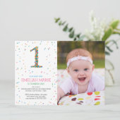 Rainbow Sprinkles 1st Birthday Party Invite Kaart (Staand voorkant)