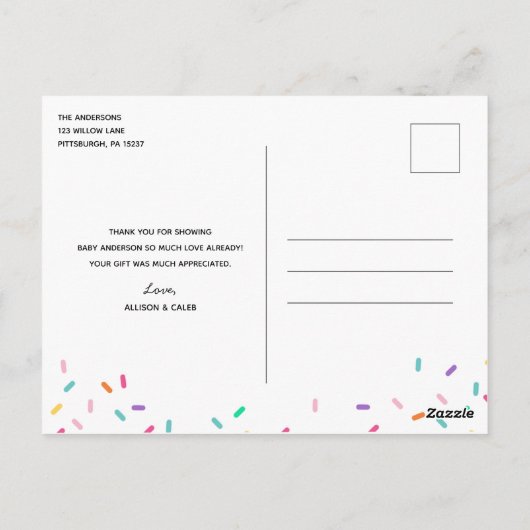 Rainbow Sprinkles Baby Dank u Briefkaart (Achterkant)