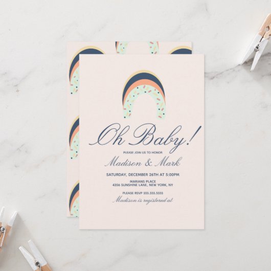 Rainbow Sprinkles Brush Stroke Baby shower Roze Kaart (Voorkant / Achterkant in situ)