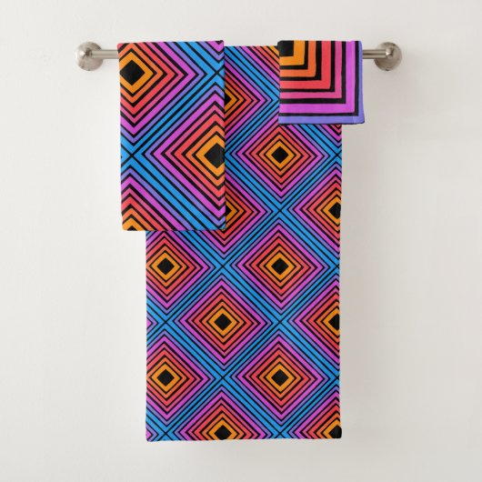 Rainbow Squares Geometric Tegel Pattern Neon Bad Handdoek (Insitu)