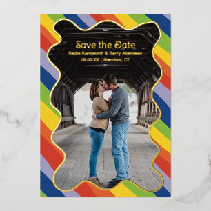 Rainbow Squiggle Modern Wedding Sla de datum op Folie Uitnodiging