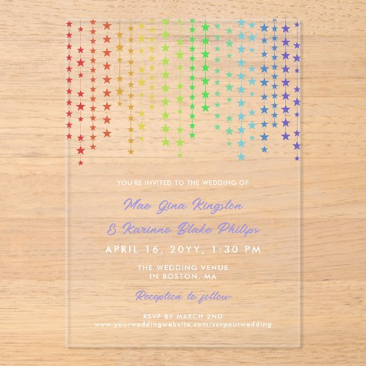 Rainbow Star Garlands informele LGBTQ bruiloft Acryl Uitnodigingen (Voorkant)