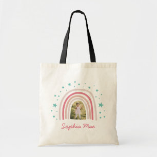 Rainbow star girly roze aqua foto elegant modern tote bag