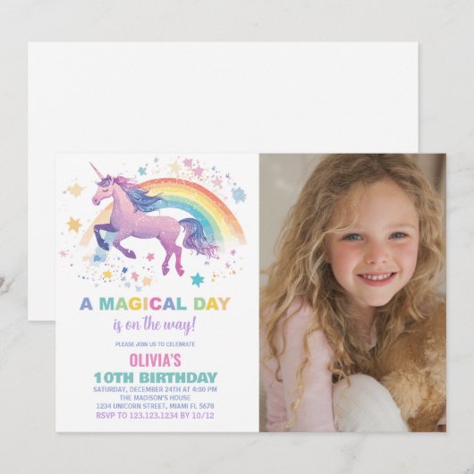 Rainbow Star Unicorn Verjaardag Uitnodigingen Foto (Voorkant / Achterkant)