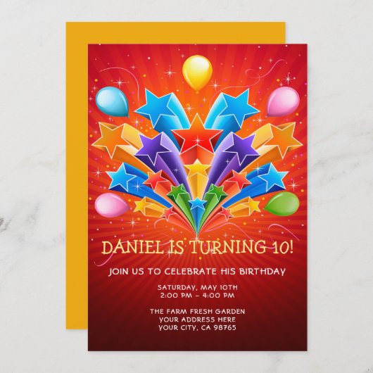 Rainbow Starburst Balloon 10th Birthday Invitation Kaart (Voorkant / Achterkant)