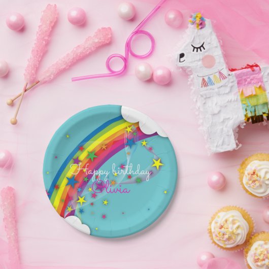 Rainbow Stars Sky Wolken & Naam Gelukkige Verjaard Papieren Bordje (Feest)