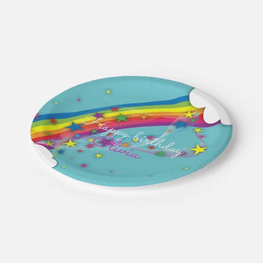 Rainbow Stars Sky Wolken & Naam Gelukkige Verjaard Papieren Bordje (Gekanteld)
