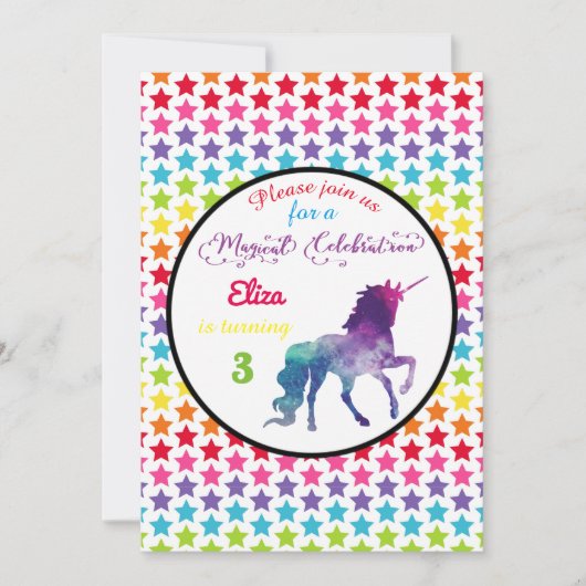 Rainbow Stars Unicorn - Uitnodiging voor verjaarda (Voorkant)