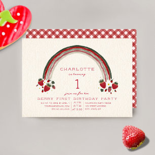 Rainbow Strawberry Berry Gingham eerste verjaardag Kaart