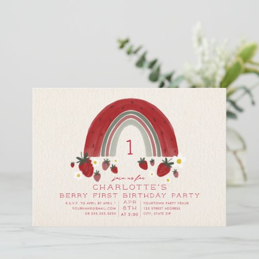 Rainbow Strawberry Gingham Berry 1e verjaardag Kaart (Staand voorkant)