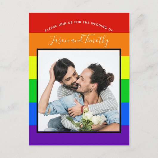 Rainbow Striped Couple Photo Wedding Invitation Briefkaart (Voorkant)