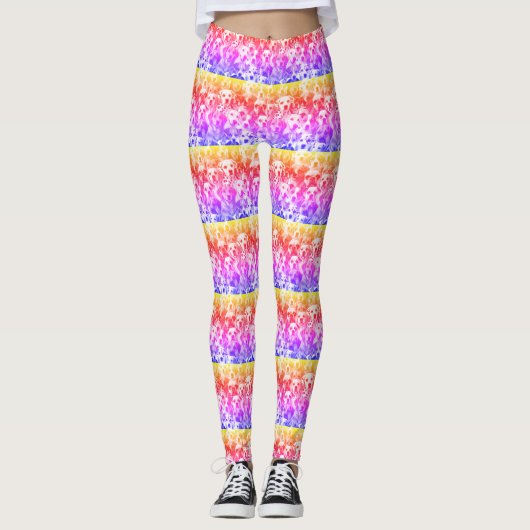 Rainbow Striped Crowded Dog Face Repeat Pattern Leggings (Voorkant)