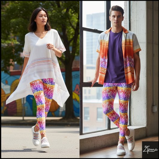 Rainbow Striped Crowded Dog Face Repeat Pattern Leggings