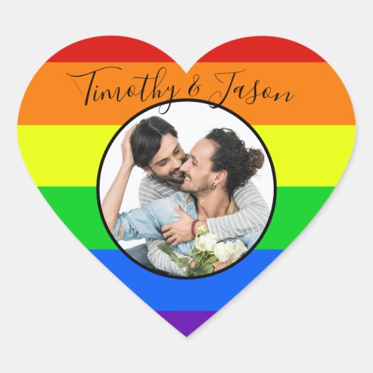 Rainbow Striped Custom Heart Photo LGBTQ Weddensch Hart Sticker (Voorkant)